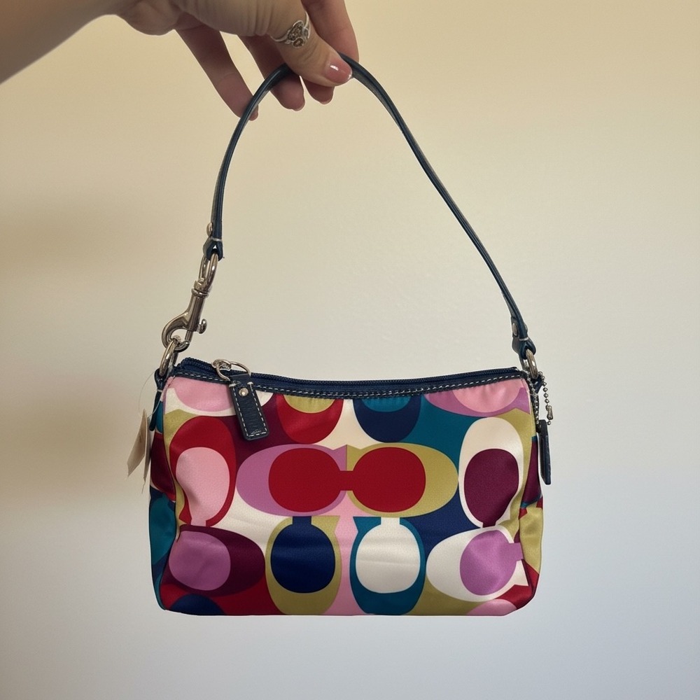 NWT Coach Multicolor Op Art Y2K Baguette Shoulder Bag Blue Patent